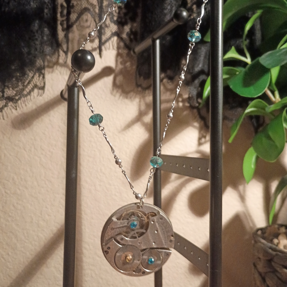 Steampunk Silver and Blue Moving Clock Pendant Necklace